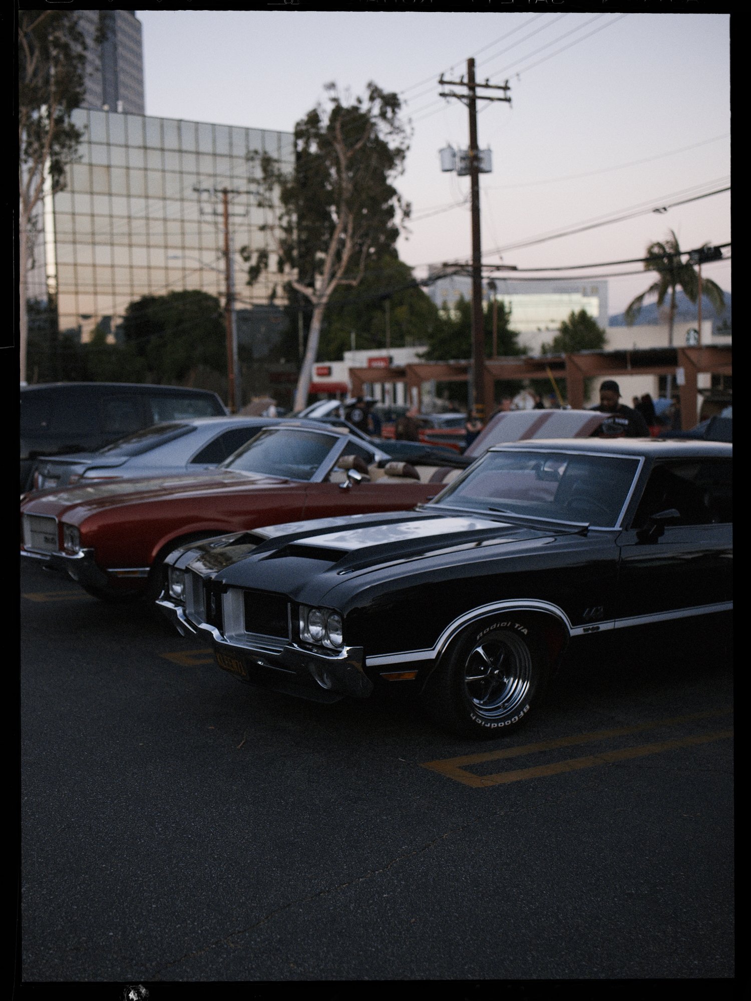 A parking lot filled with vintage cars, including a black and white Corvette at the front, and a red classic car next to it, with a city skyline and trees in the background during dusk.
