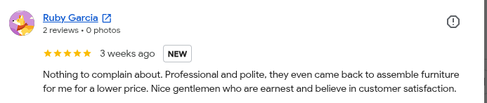Screenshot of a Yelp review for Ruby Garcia, praising the professionalism and politeness of the furniture assembly service.