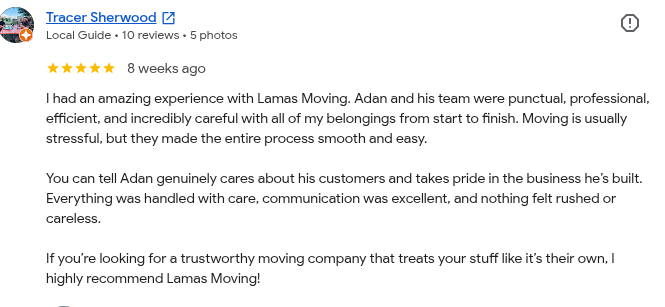 Screenshot of a Google review for Tracer Sherwood, a local moving company, praising their punctuality, professionalism, care, and excellent communication.
