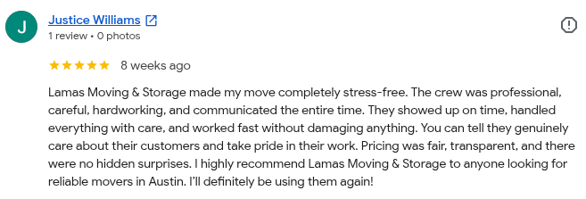 Screenshot of a Google review for Lamas Moving & Storage, praising their professional and careful service.