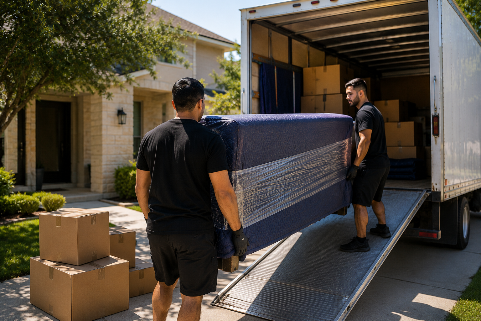 Professional movers loading a mattress into a moving truck during a residential move in Austin, TX.