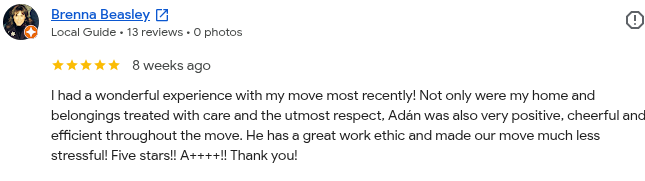 Screenshot of a positive review for Brenna Beasley, a local guide, praising her care and professionalism in a recent move.