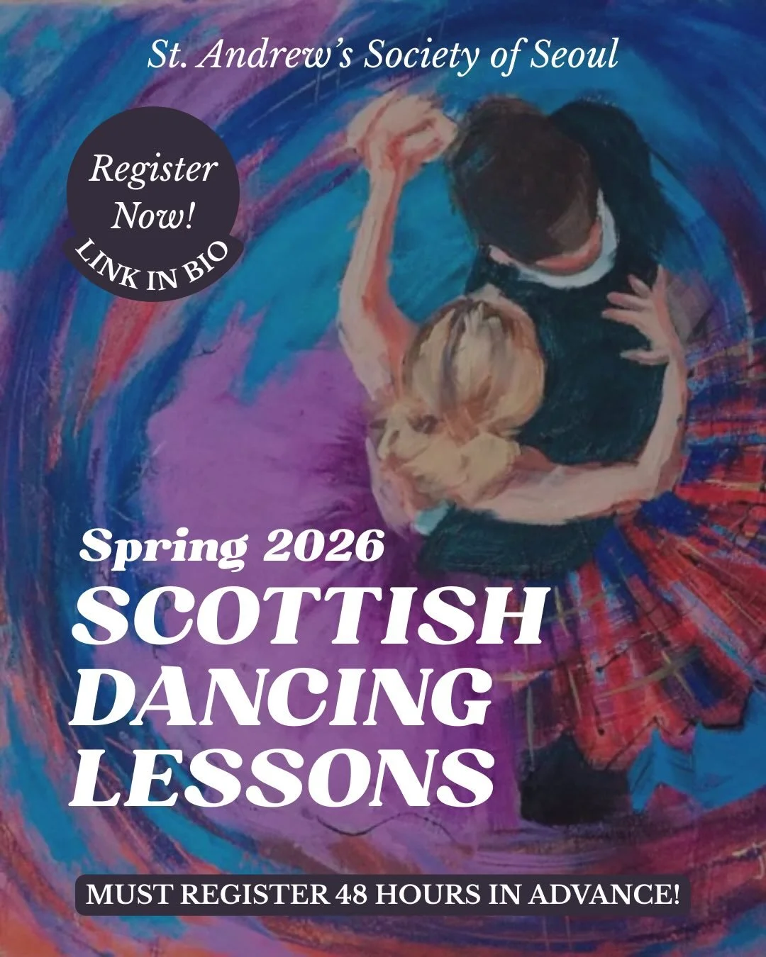 🌸💃 2026 Spring Scottish Dancing Lessons start April 22!

Brush up on some Scottish steps at our free dance practices! We teach a variety of dances so dancers of all levels are welcome to attend!

🗓️ Wednesdays 7:30PM-9:30PM
📍 Aston Hall, British 