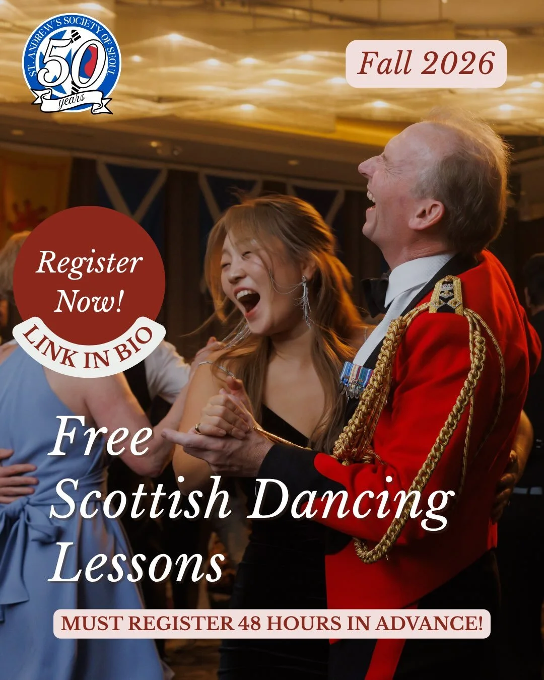 FREE SCOTTISH DANCING LESSONS 🏴󠁧󠁢󠁳󠁣󠁴󠁿💃🏼

The St Andrew&rsquo;s Society of Seoul is hosting 8 free Scottish dancing lessons in the weeks leading up to the St Andrew&rsquo;s Ball. It&rsquo;s a great way to learn (or relearn) some Scottish step