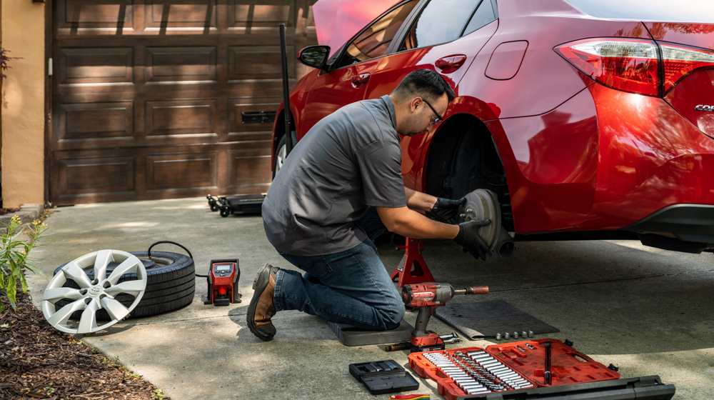 A man changing a tire on a red car in a driveway, using tools and equipment including a tire jack, sockets, and an impact wrench.