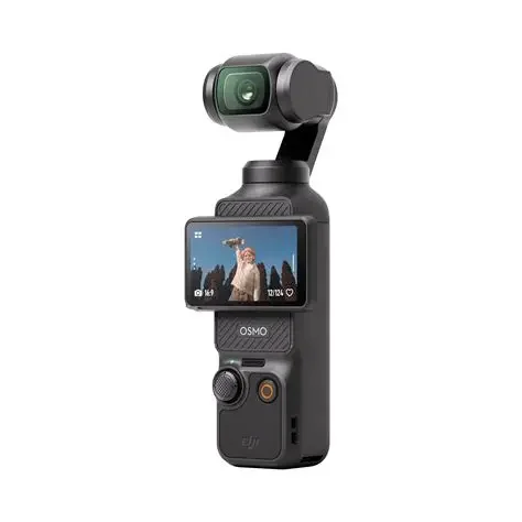 DJI Osmo Pocket camera with gimbal stabilizer and small display screen.