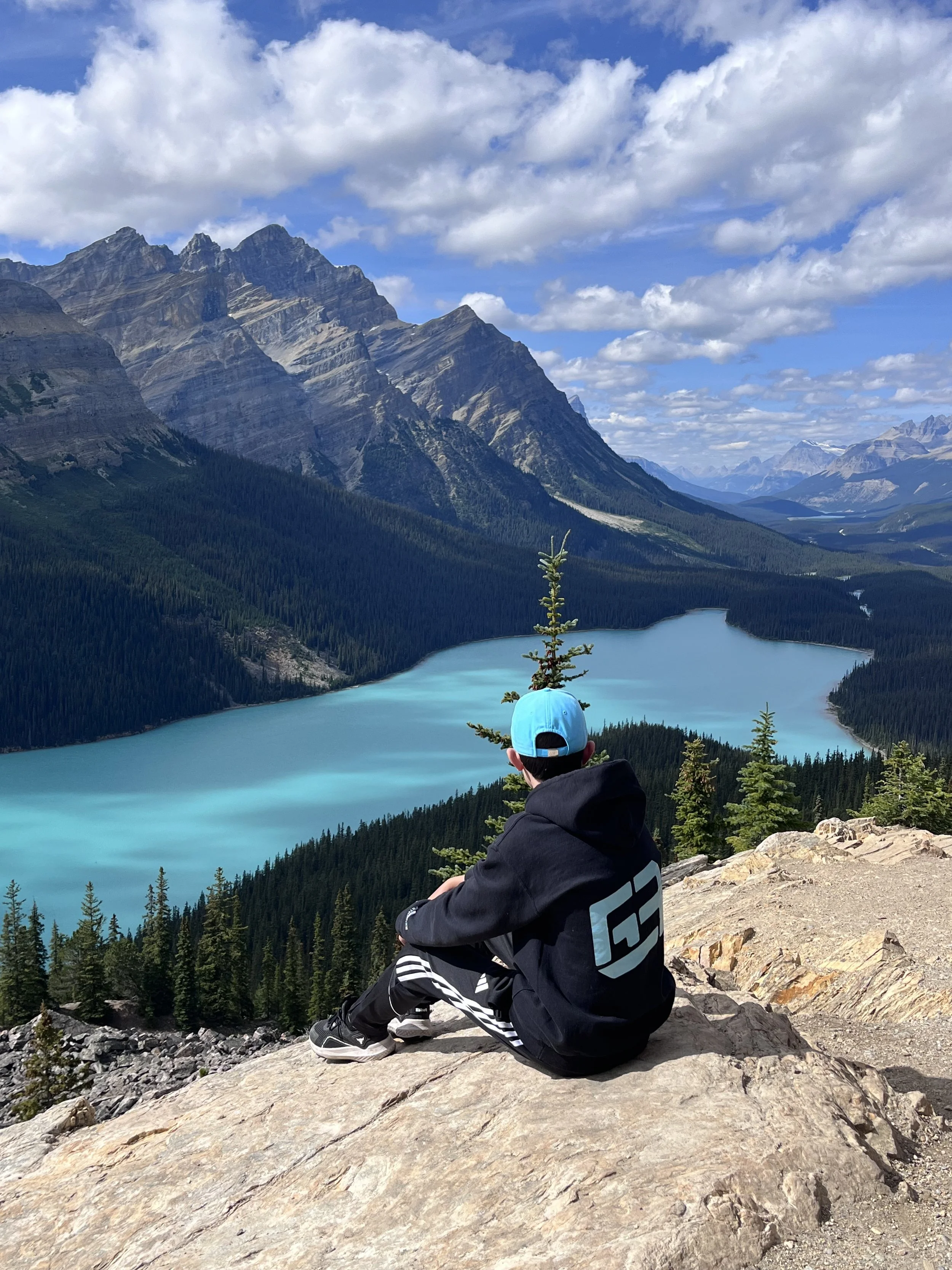 A person with a blue cap and black hoodie sitting on rocks overlooking a turquoise lake, forested mountains, and a partly cloudy sky.