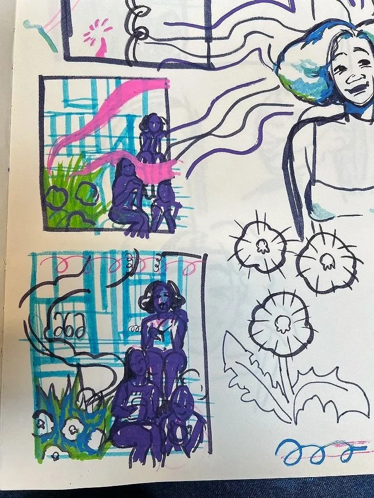 Hand-drawn illustration with two small panels depicting three people sitting on a porch, sketchy flowers, and a smiling woman with colorful hair smiling joyfully, some abstract lines and shapes.