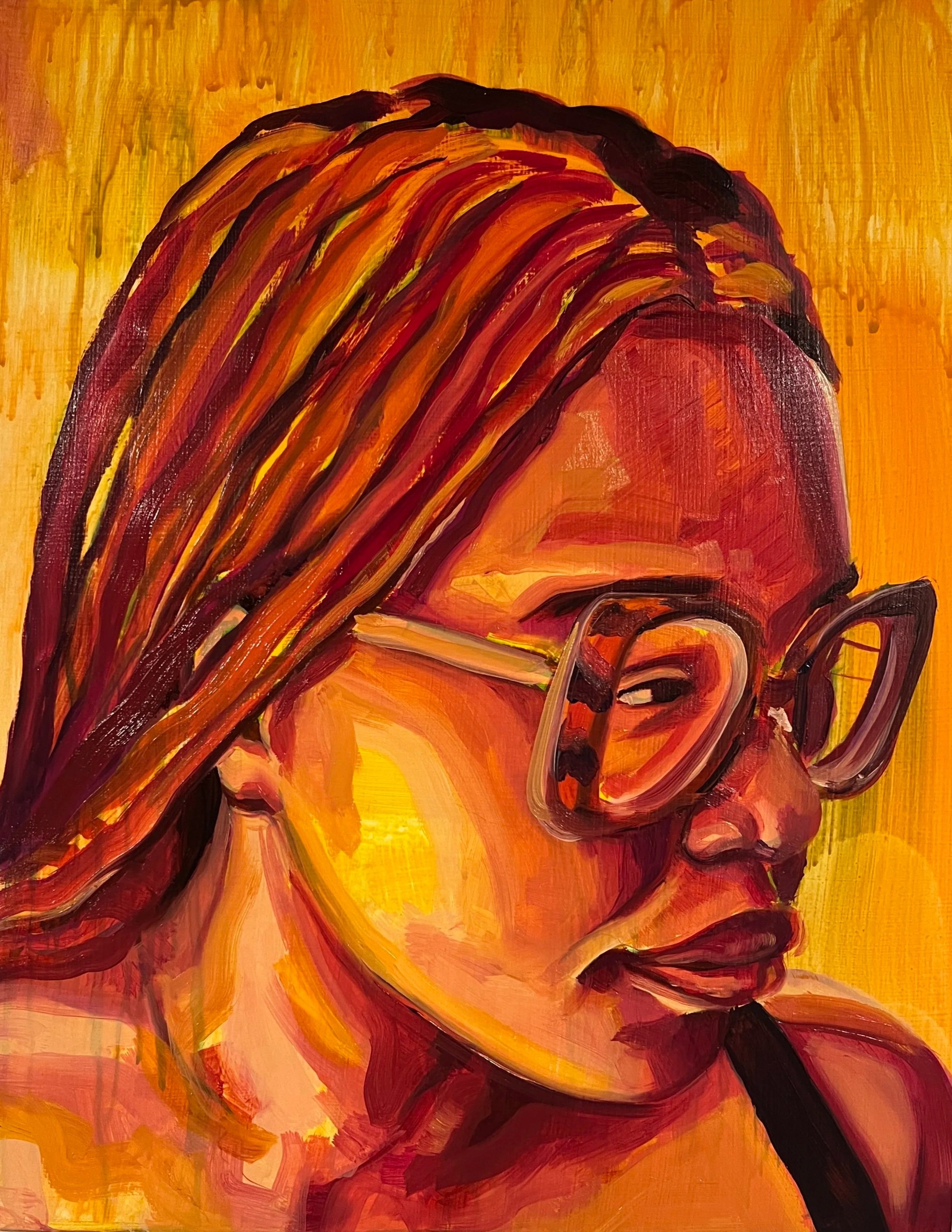 Abstract painting of a person's side profile with sunglasses, painted with bold, warm colors. The background is yellow-orange, and the face is outlined in dark tones with red, orange, and yellow accents.