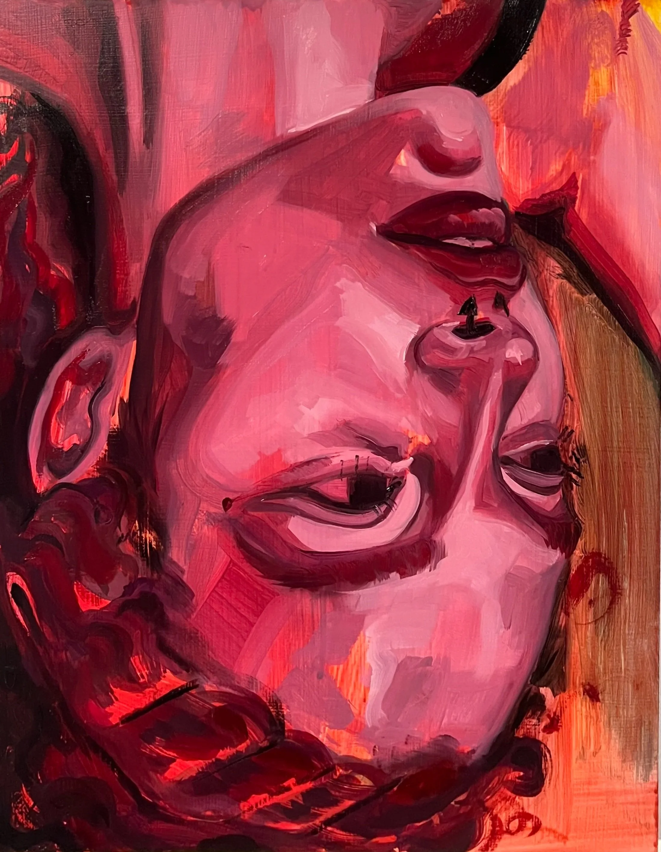 A painting of a woman with curly hair, closed eyes, and slightly parted lips, rendered in shades of red and pink with expressive brushstrokes.