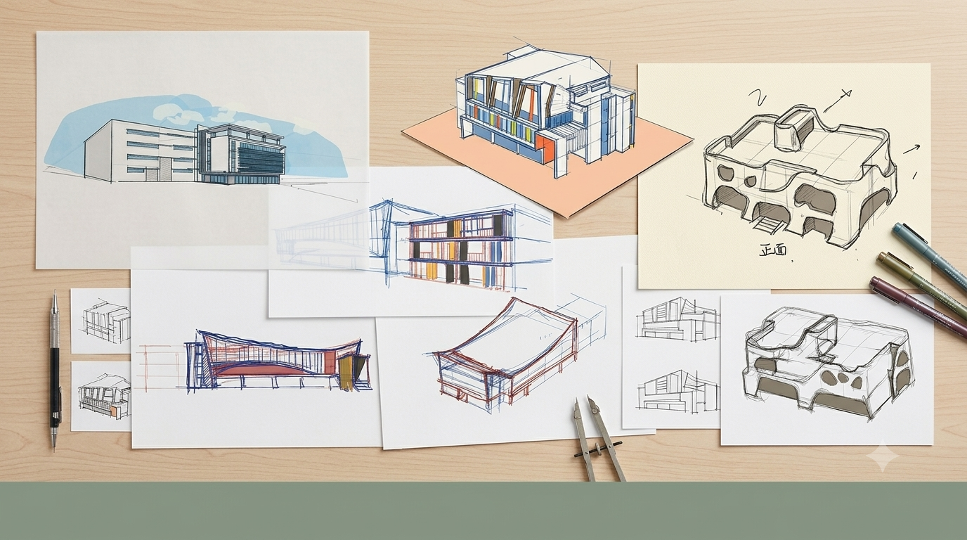 Architectural sketches and models of various building designs, including sketches of modern, traditional, and conceptual structures, laid out on a desk with drawing tools.