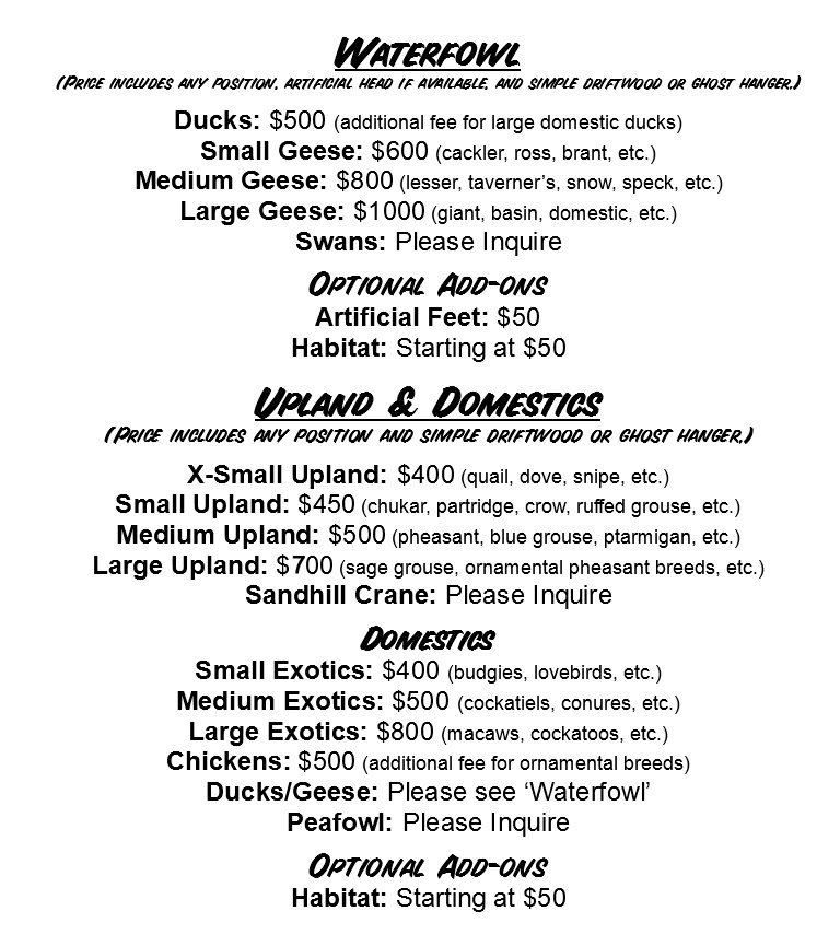 Waterfowl hunting price list with options for ducks, small, medium, and large geese, swans, upland birds, domestic birds, and optional add-ons such as habitat, artificial feet, and crane services.