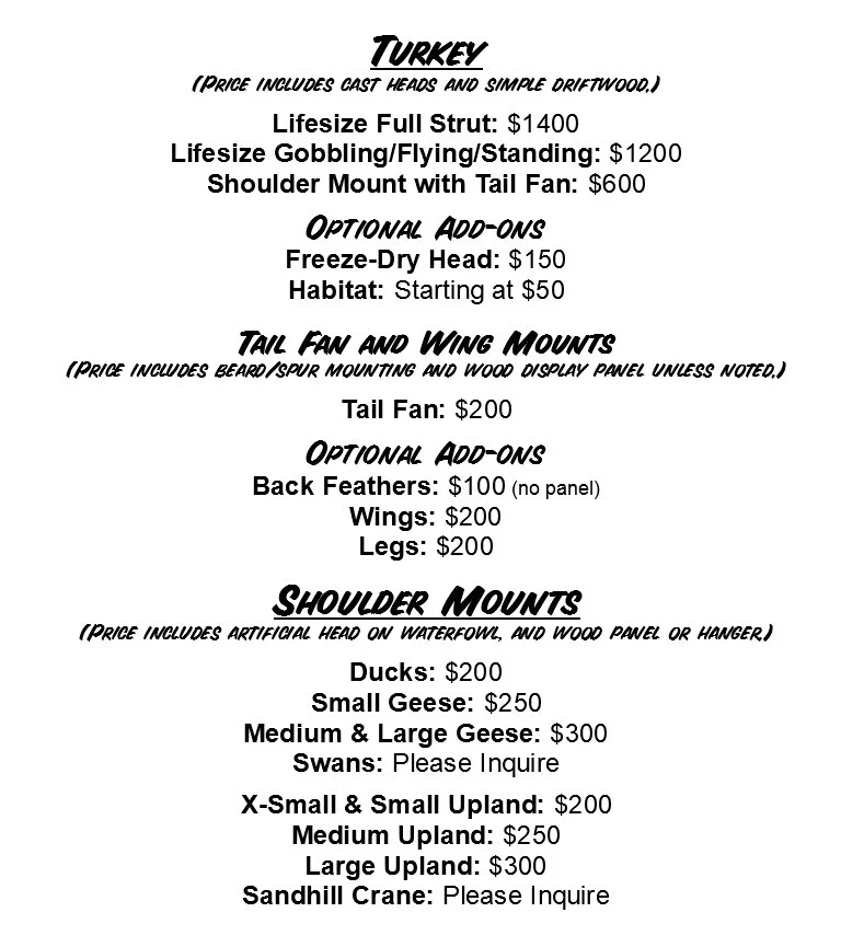 Pricing list for turkey mount options, including Lifesize Full Strut, Lifesize Gobbling/Flying/Standing, Shoulder Mount with Tail Fan, and optional add-ons like freeze-dry head and habitat. Also details tail fan and wing mounts, with optional add-ons like back feathers, wings, and legs, as well as various shoulder mounts for ducks, geese, swans, upland birds, and a sandhill crane, with prices and notes.