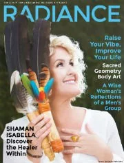Magazine cover titled 'Radiance' featuring a smiling woman with curly blonde hair holding paintbrushes, with headlines about raising your vibe, discovering the healer within, and body art.