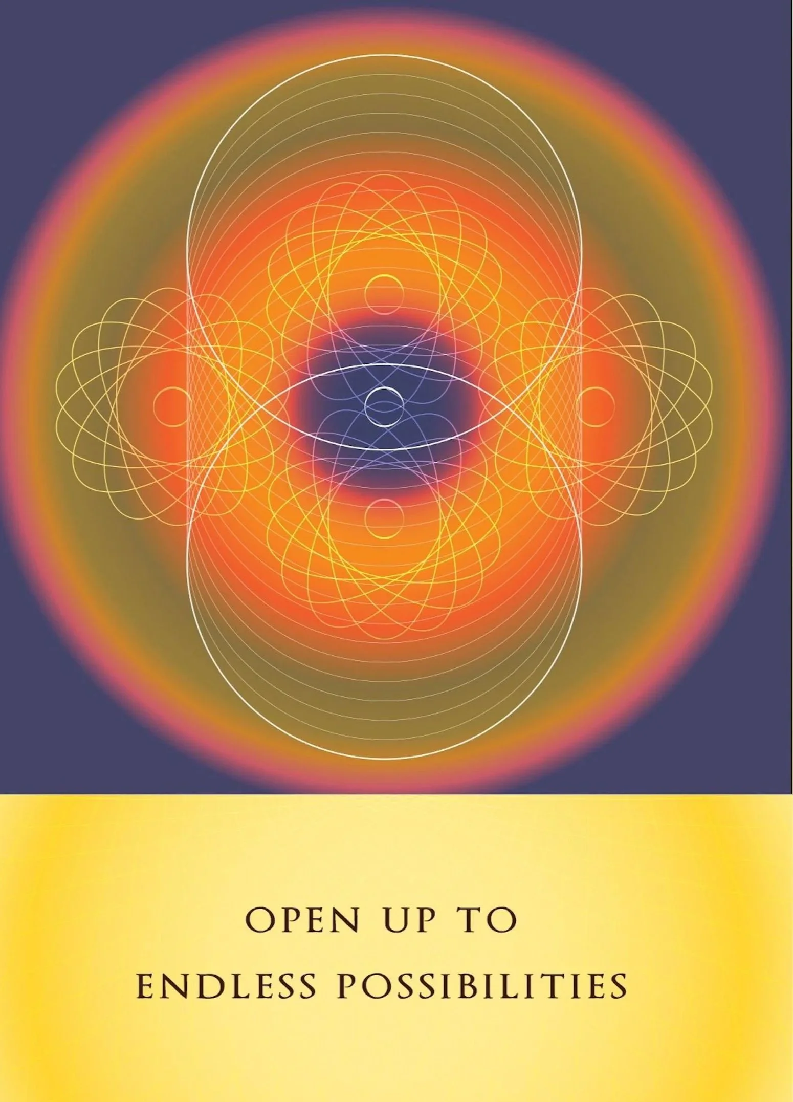 Abstract digital art with colorful circular patterns and concentric lines in shades of orange, yellow, purple, and black. The lower part of the image contains the text "OPEN UP TO ENDLESS POSSIBILITIES" on a yellow background.