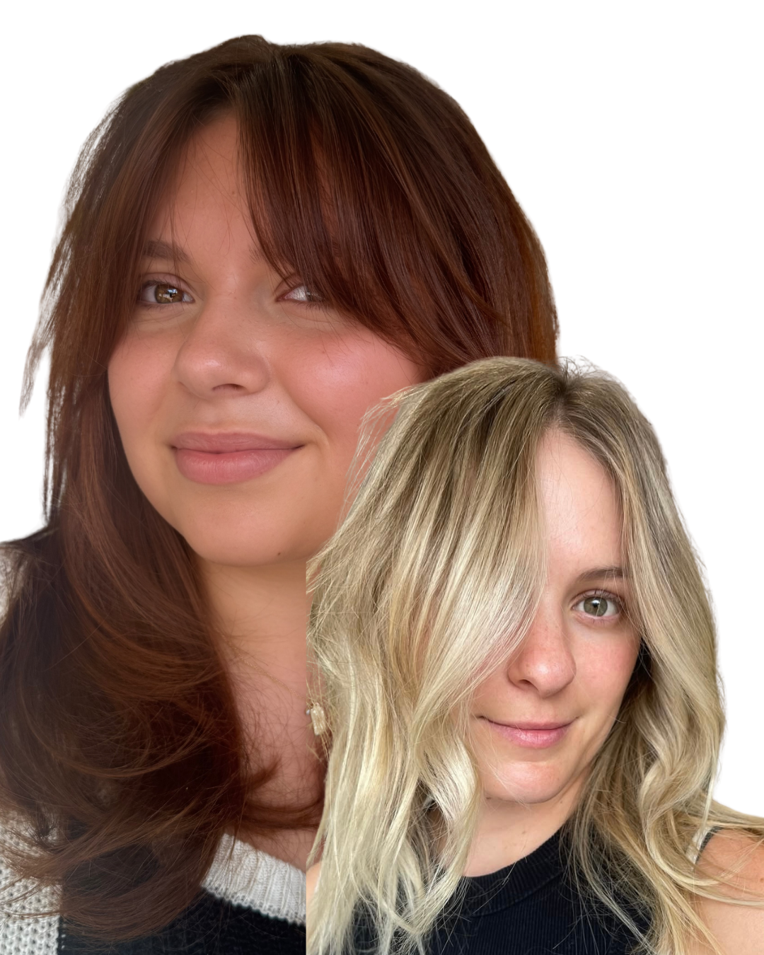 Two young women with different hair colors and styles, smiling, against a black background.