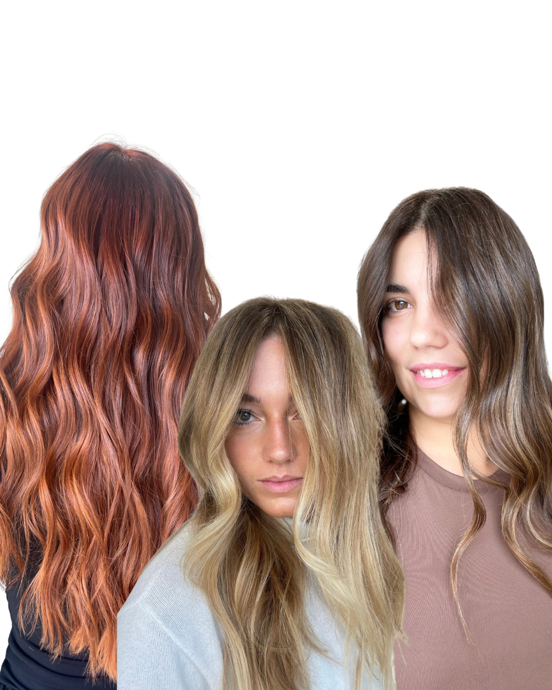 Three women with different styled hair, one with long wavy reddish hair, one with long wavy blonde hair, and one with long straight brown hair, all smiling or posing.