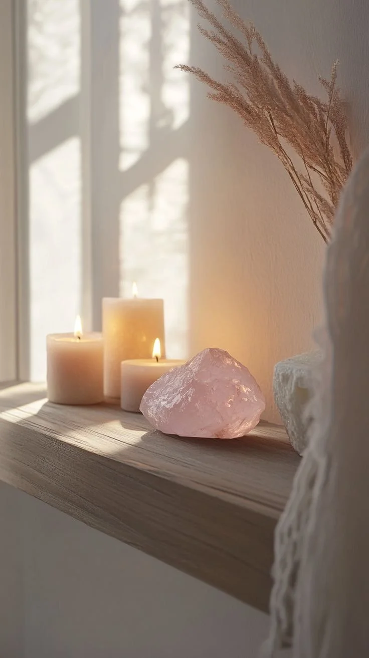 Candles, dried grasses, and a pink rock on a wooden shelf near a window with sunlight.