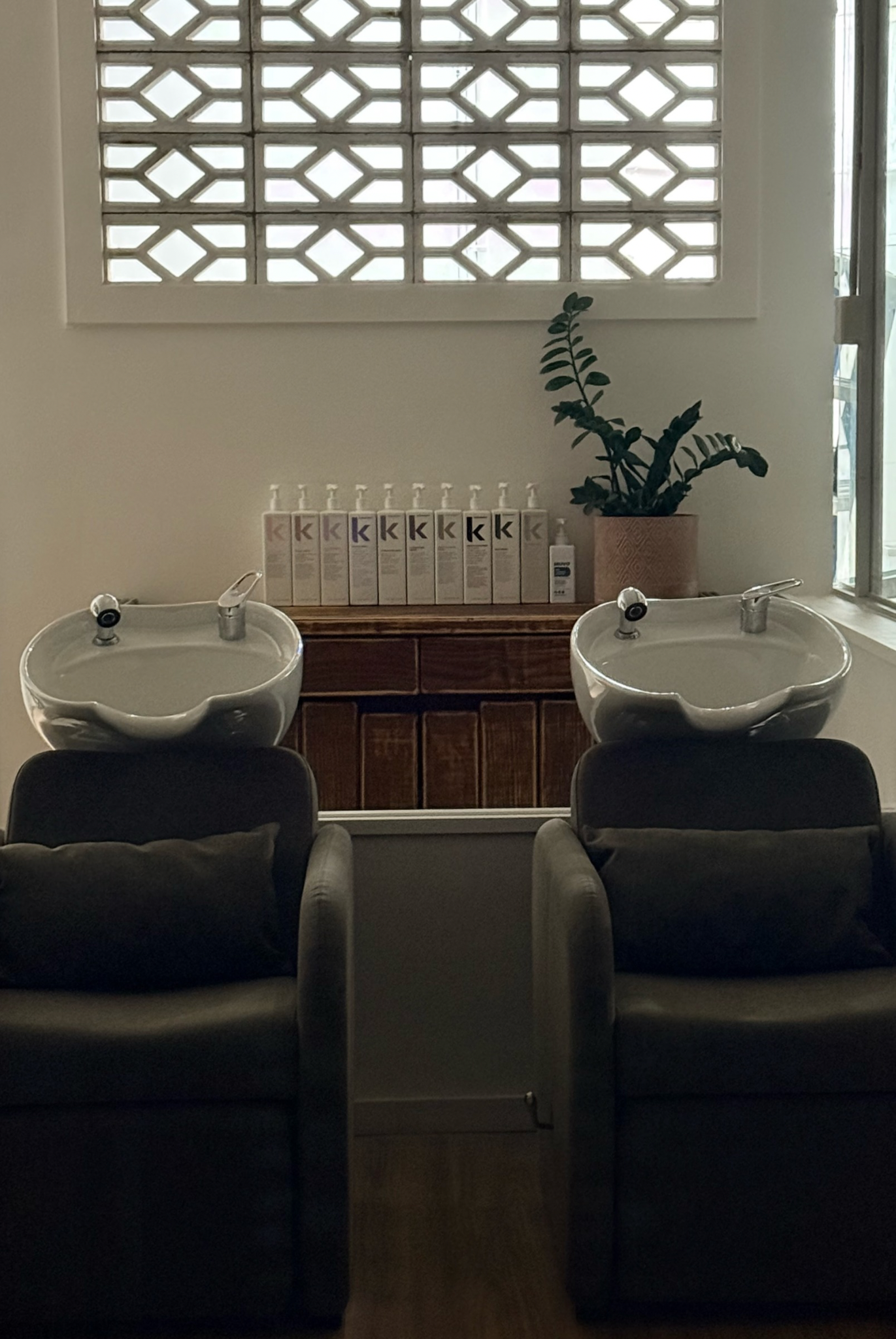 Inside a room with a large window with a geometric metal grille, two sinks with faucets in the foreground, a wooden cabinet with a row of skincare or haircare products and a potted plant, and two chairs facing the sinks.