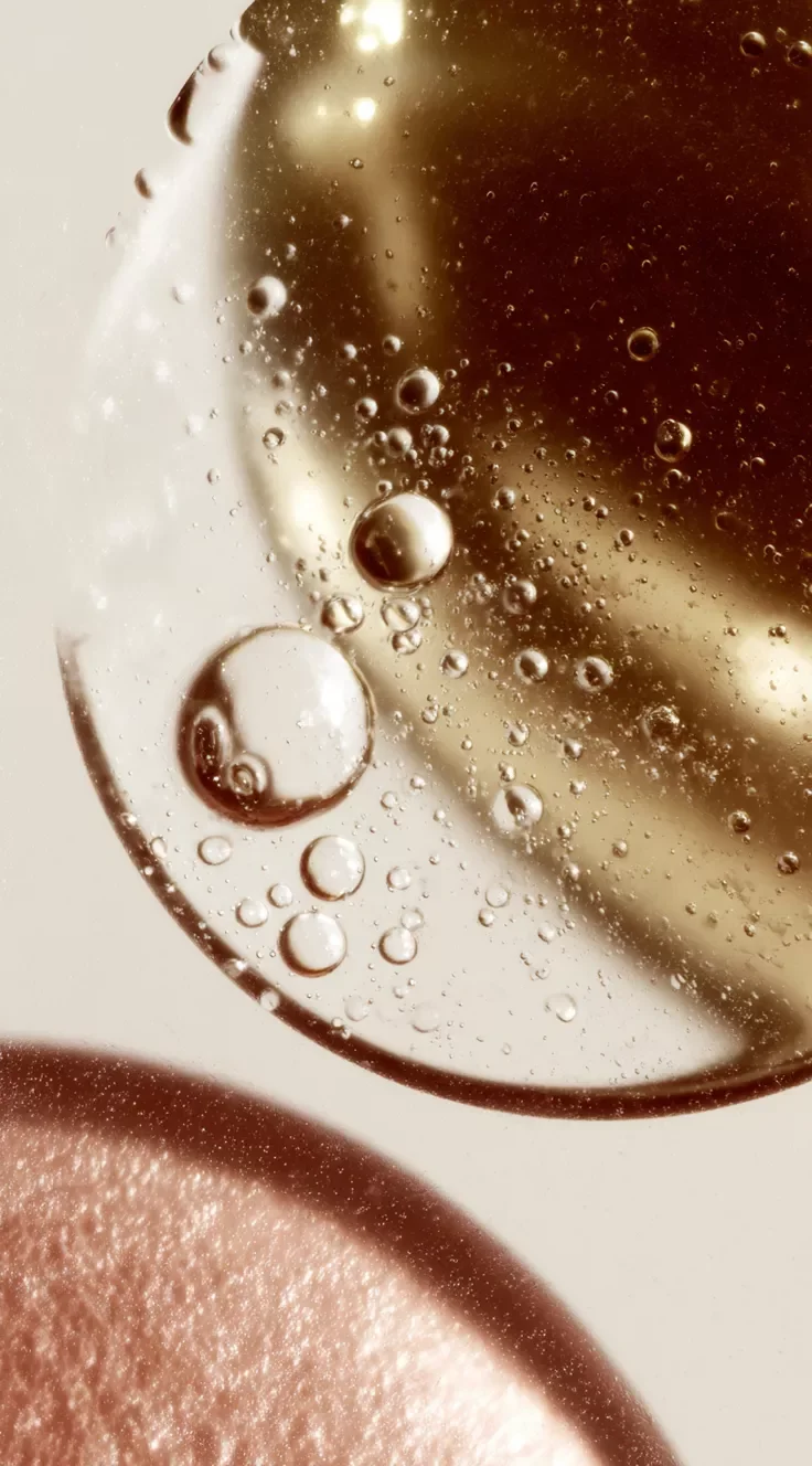 Close-up of a transparent glass of champagne with bubbles, next to a textured pink surface, against a cream background.