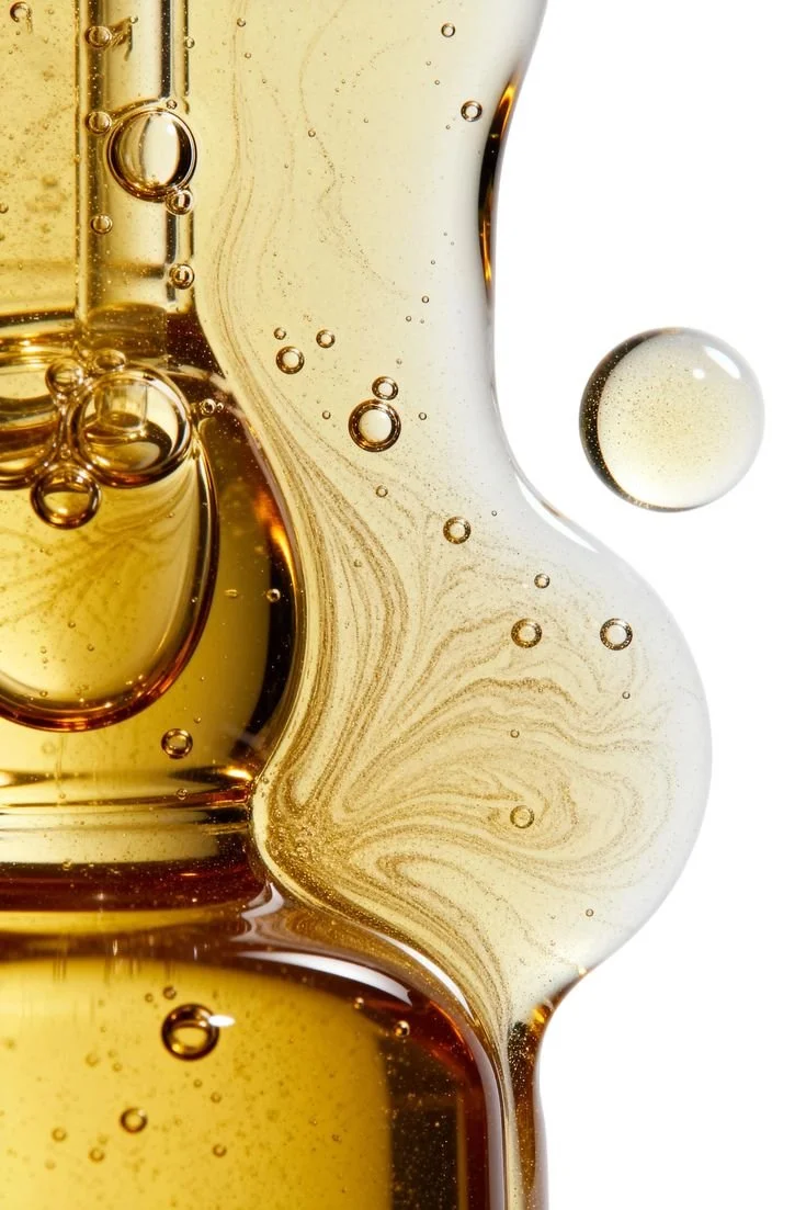 Close-up of golden liquid with bubbles and swirling patterns, resembling oil or caramel.