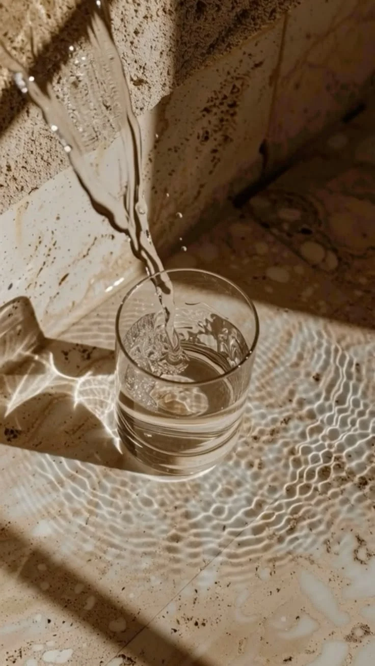 A glass of water being poured from a tap onto a textured surface, creating ripples and reflections.