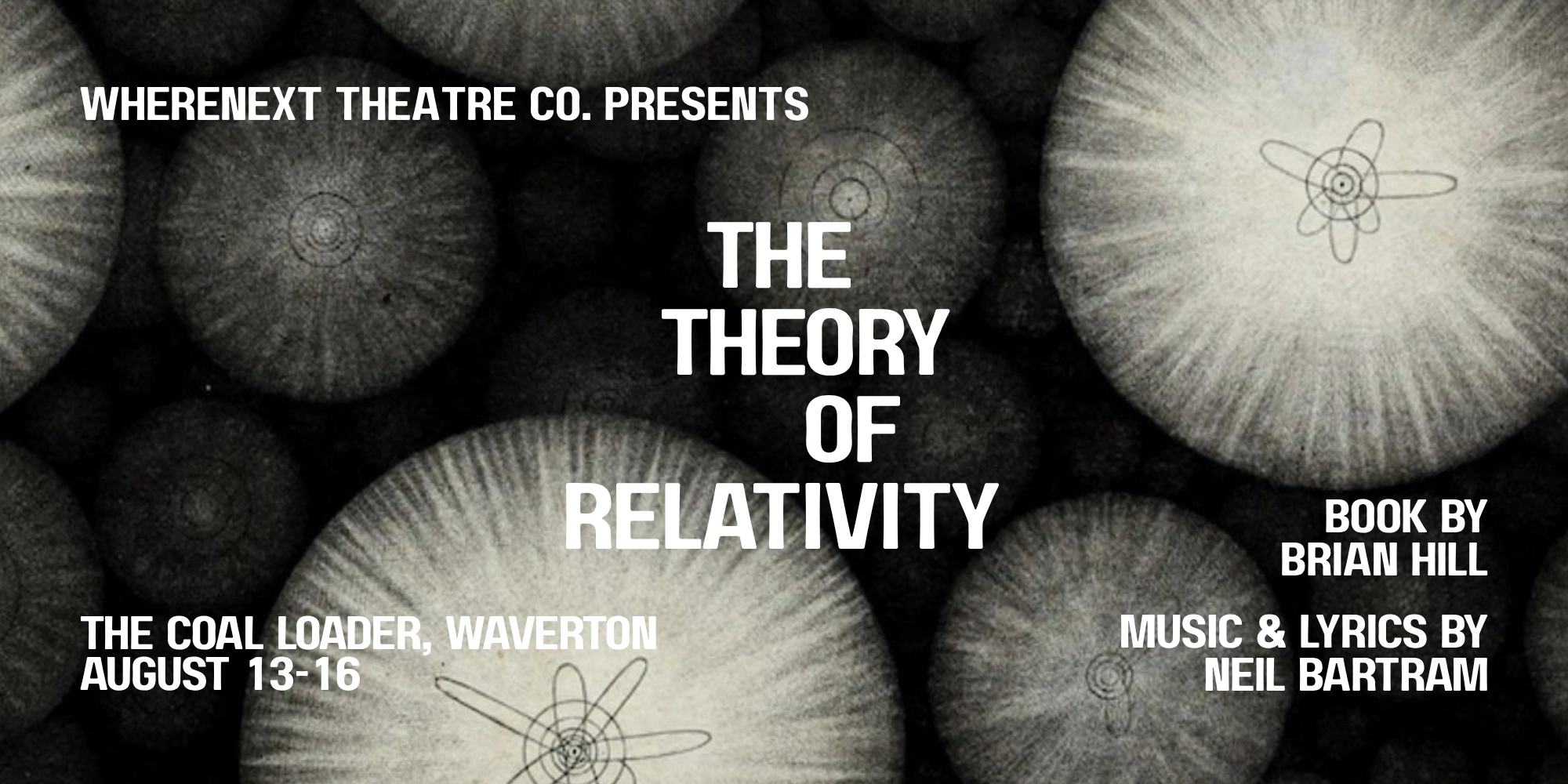 Poster for a theatrical production titled 'The Theory of Relativity' presented by WhereNext Theatre Co., running from August 13-16 at The Coal Loader, Waverton. The poster features a background of large, textured, gray spheres with scientific and atom symbols, with bold white text providing details about the play, author Brian Hill, and the music and lyrics by Neil Bartram.