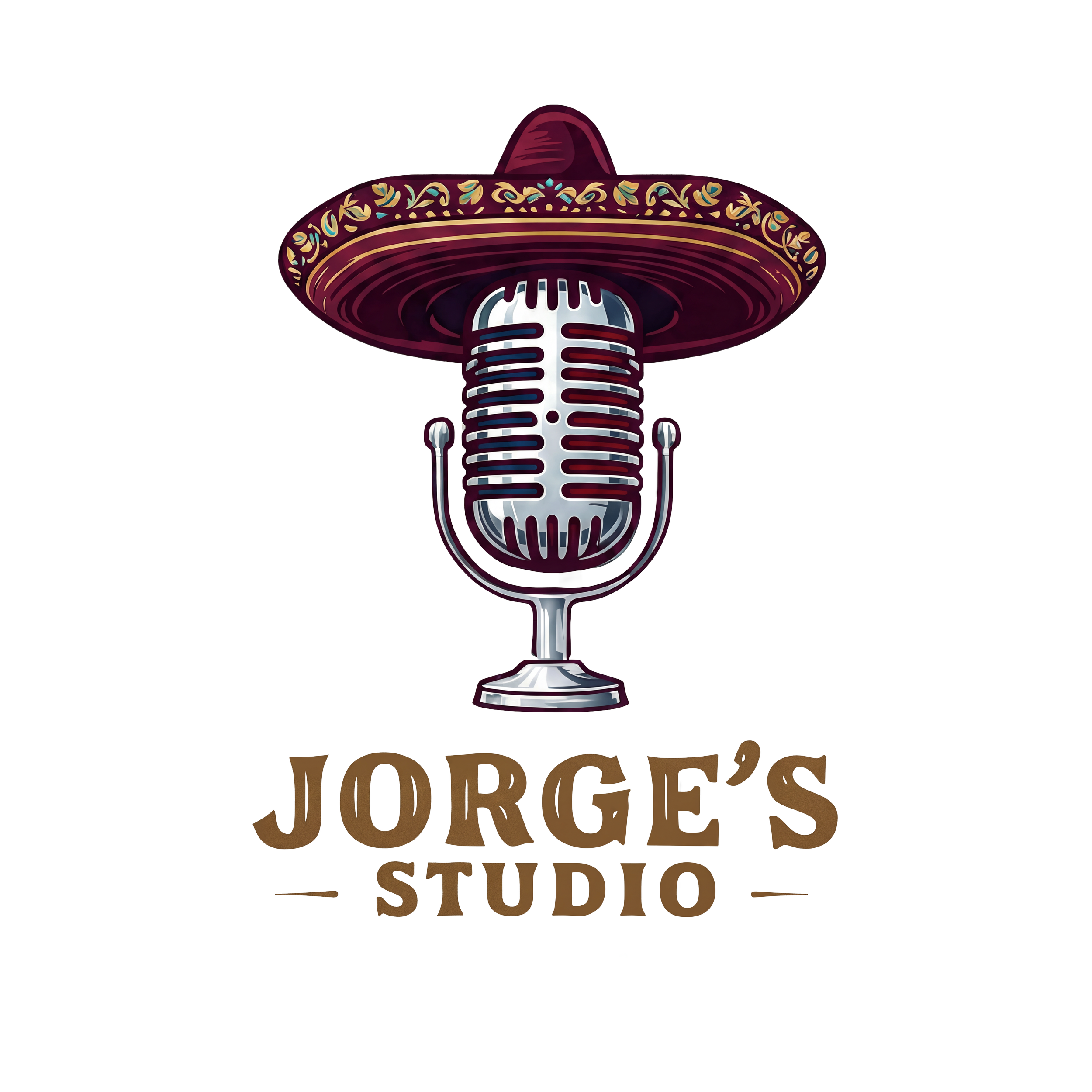 Logo of Jorge's Studio featuring a sombrero, a vintage microphone, and the business name in bold letters.