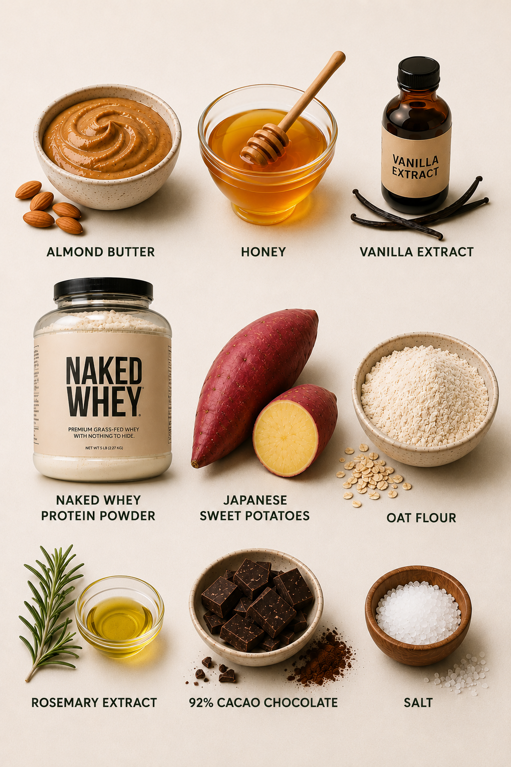 Ingredients for a baking recipe: almond butter, honey, vanilla extract, naked whey protein powder, sweet potatoes, oat flour, rosemary extract, cacao chocolate, salt, and a bowl of oil.