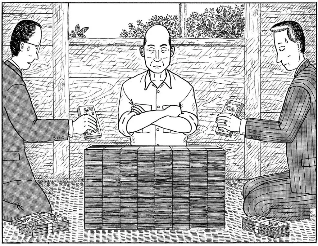 Three men playing a game of Mahjong, with stacks of Mahjong tiles and money on the table and floor.