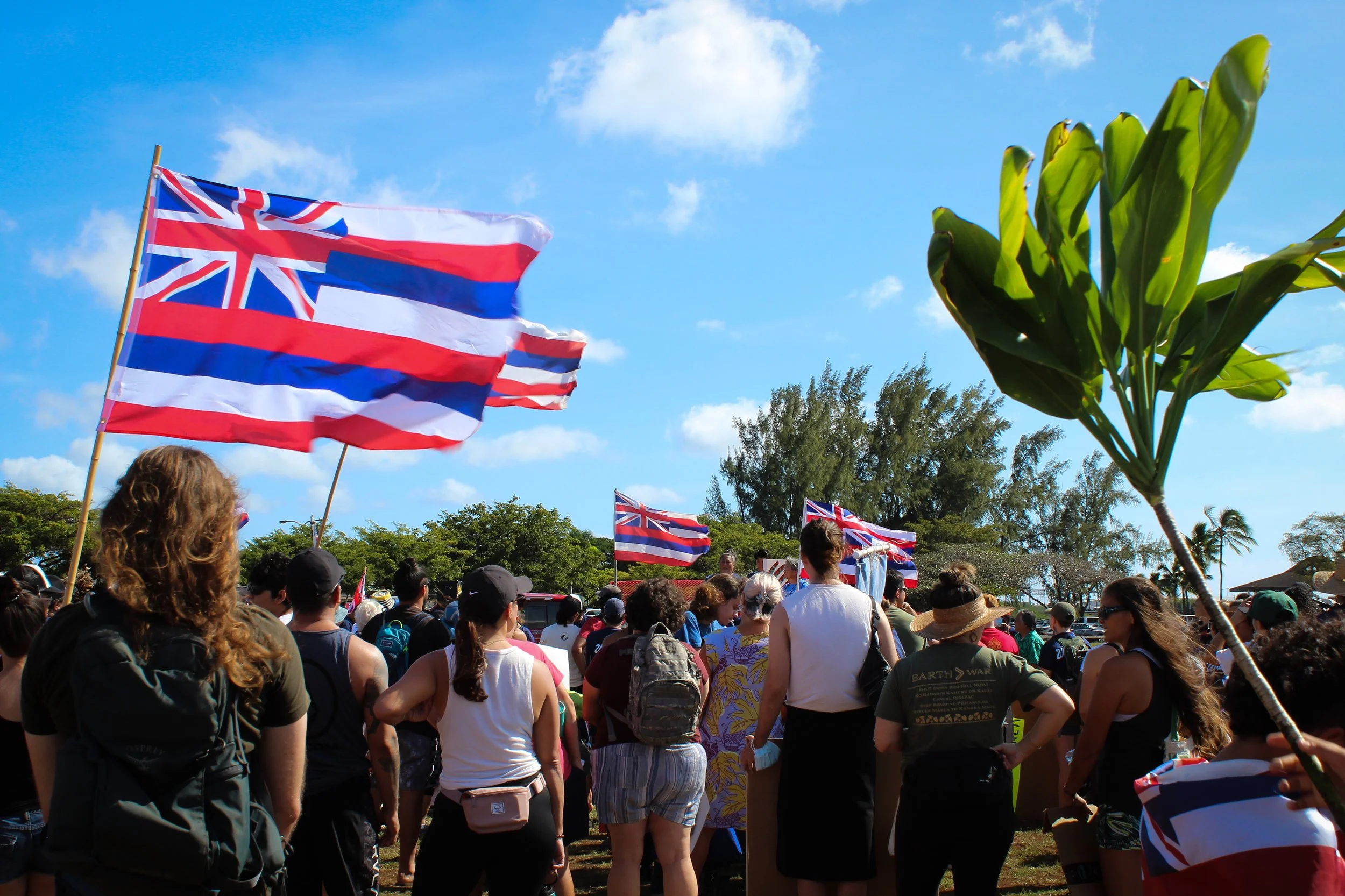 A crowd of people gathered outdoors under a blue sky with some clouds. Several people are holding flags with red, white, blue, and a Union Jack design. There are trees and greenery in the background.