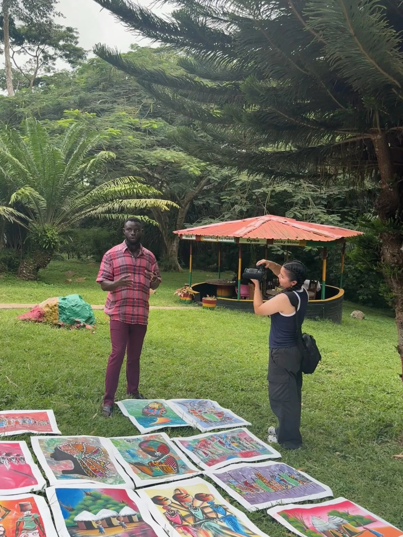 A person in a red plaid shirt stands on a grassy area, with colorful artwork laid out on the ground in front of them. In the background, another person is taking photos, and there is a red-roofed kiosk with signs, surrounded by lush green trees and plants.