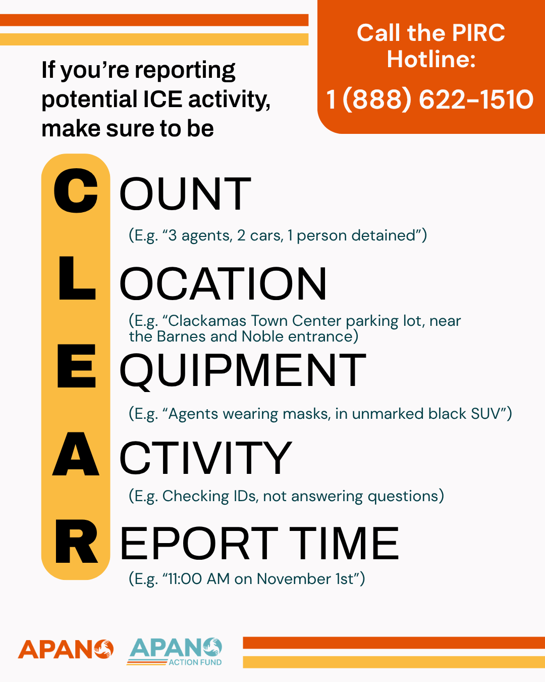 A public health poster with instructions on reporting potential ICE activity, emphasizing the 'C.L.E.A.R.' acronym for Count, Location, Equipment, Activity, Report Time. The poster includes a hotline number 1-888-622-1510 for PIRC. It features logos for APANO.