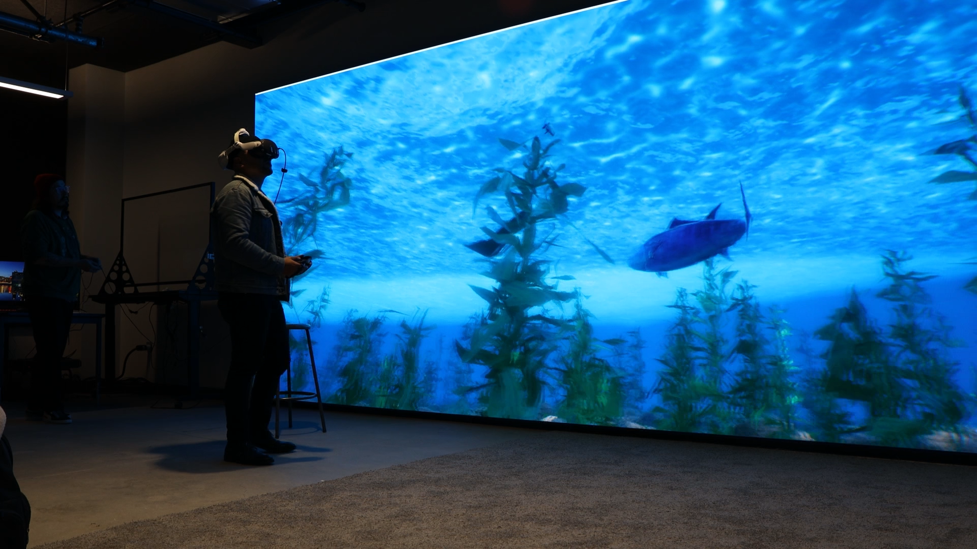Person wearing a virtual reality headset standing in front of large digital display of an underwater scene with fish and plants.