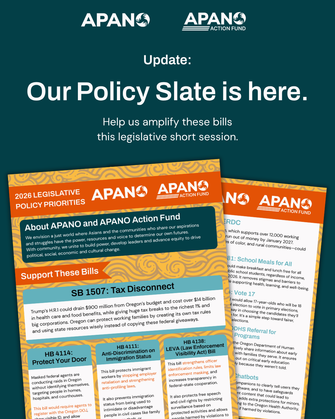 Posters promoting APANO Action Fund policy priorities and legislations, including tax disconnect, protect your door, anti-discrimination, and law enforcement visibility act.