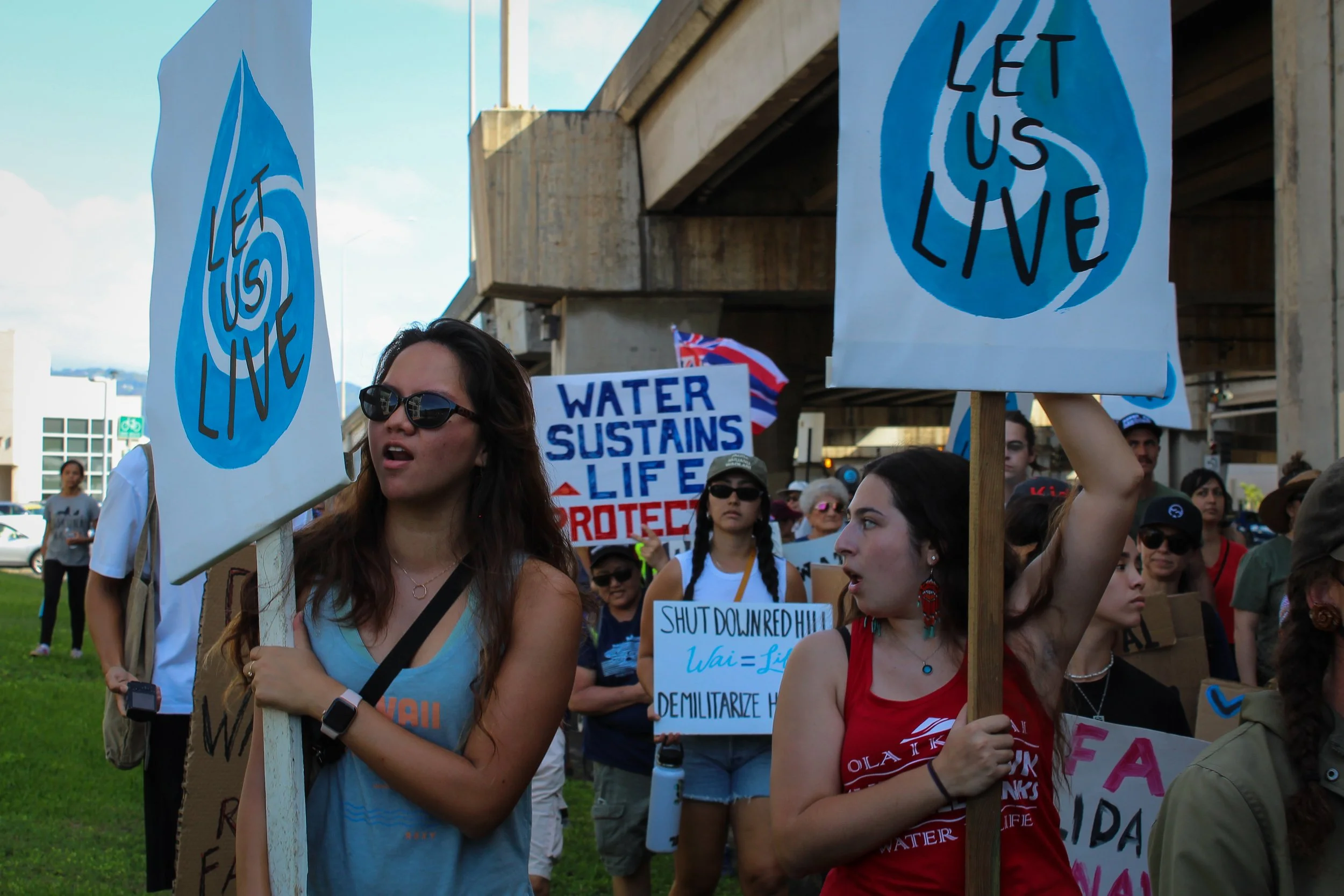 A group of protesters holding signs at a demonstration about water and environmental issues, with a bridge structure in the background.