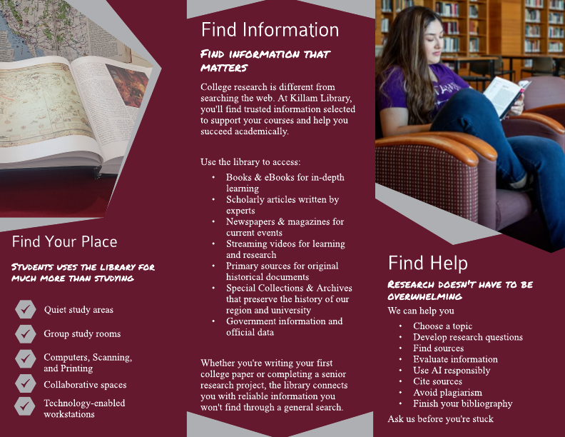 The inside panel of a brochure for orientation with heavy library branding.
