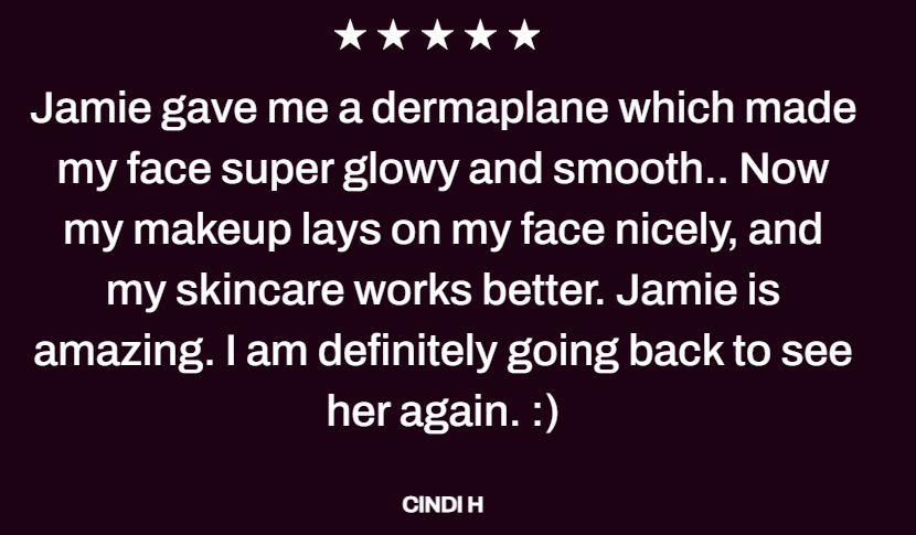 Testimonial about skincare and makeup results, with five stars at the top and the name Cindi H at the bottom.