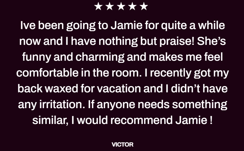 Customer testimonial praising Jamie, mentioning her humor, charm, and professionalism, written by Victor.