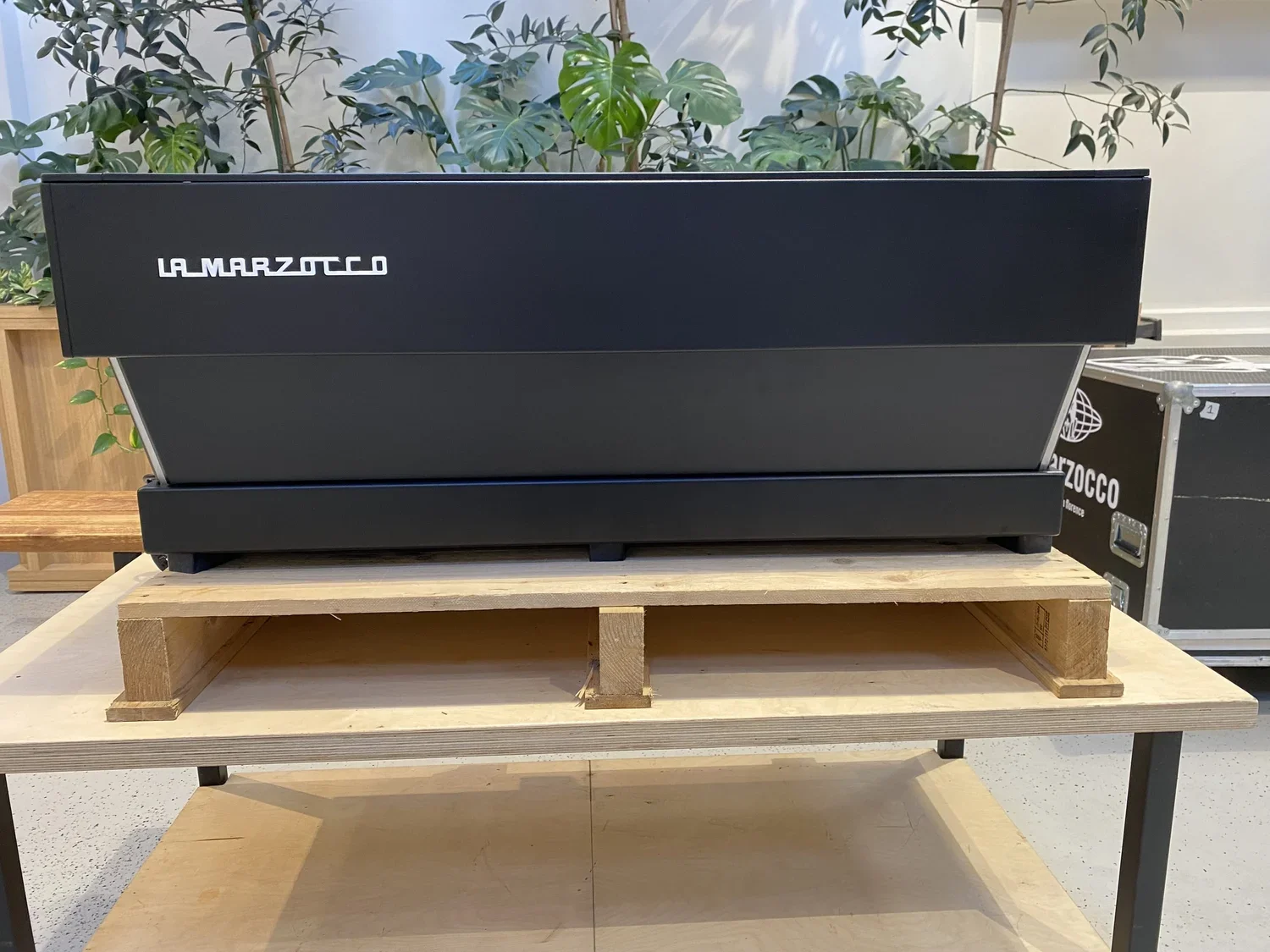 A black rectangle electronic device with the words "LAMARZOCO" on the front, placed on a wooden table with a small wooden pallet underneath, in front of a background of green leafy plants.