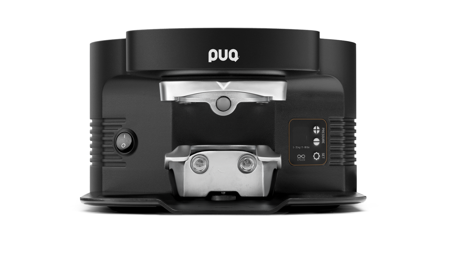 A close-up of a black countertop robotic sous vide cooker with digital controls and a metal clamp at the front, branded 'puq'.