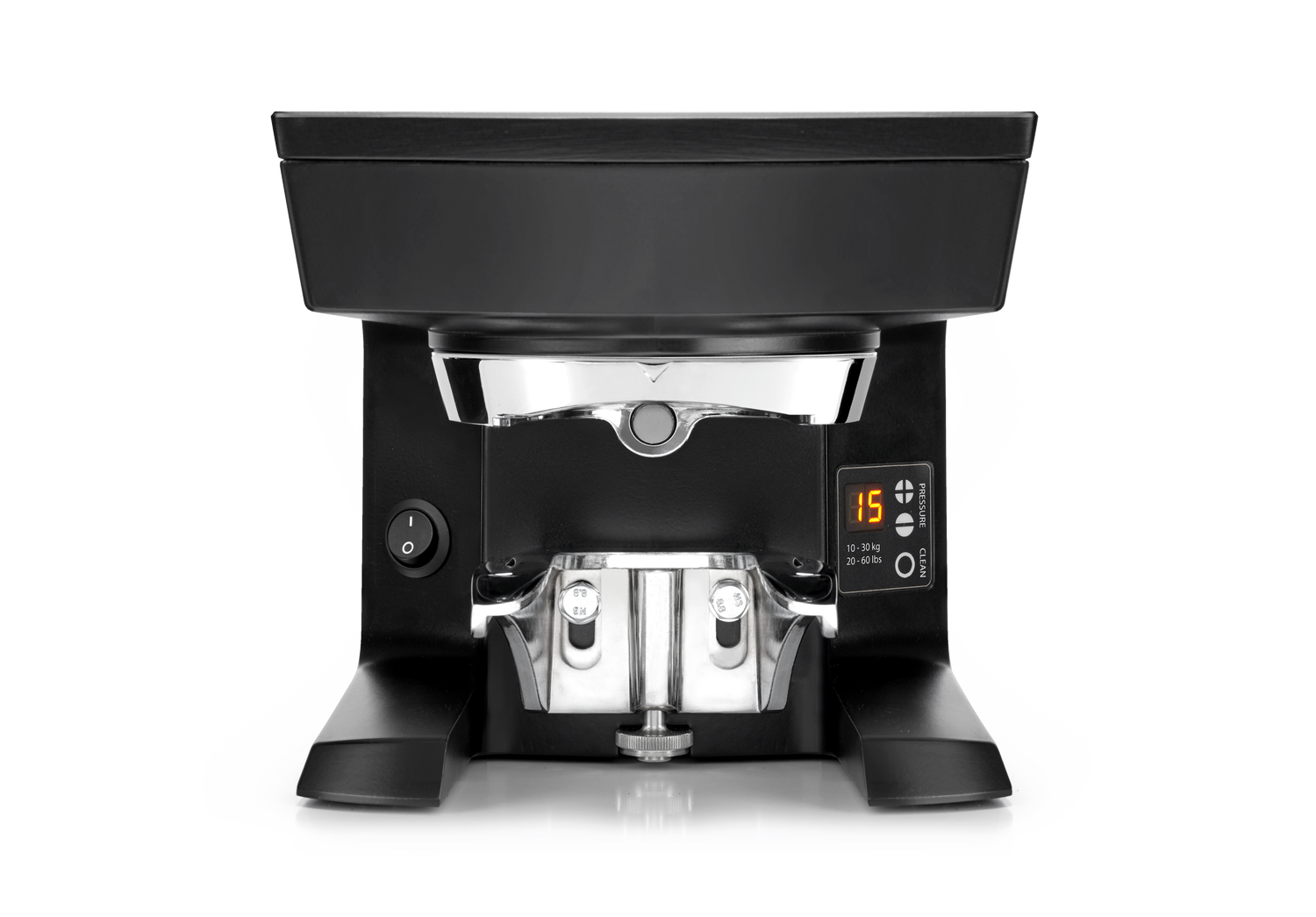 Black and silver coffee maker with digital display showing the number 15, control buttons, and a metal brewing chamber.