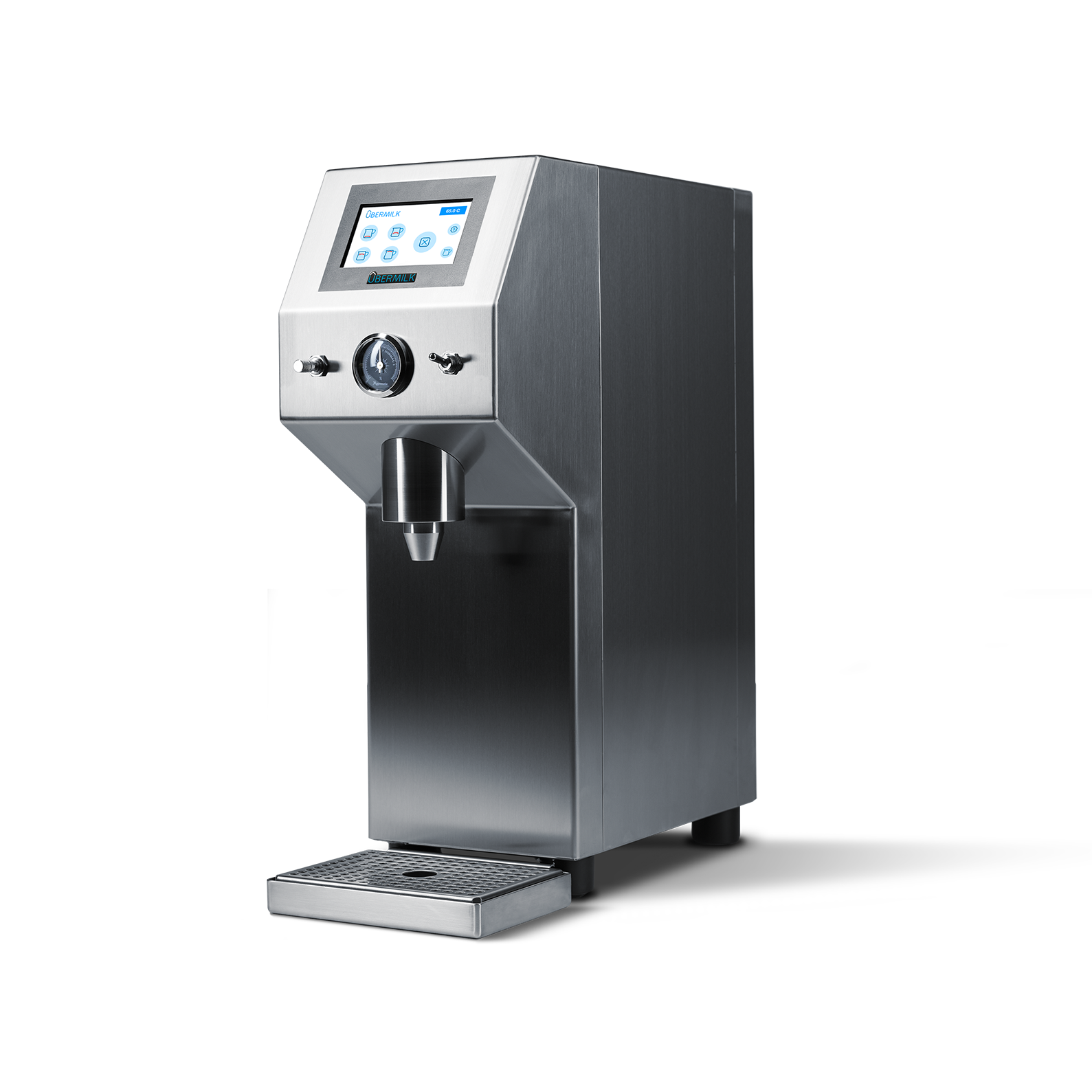 A stainless steel coffee or espresso machine with a digital display, a dial, and control buttons.
