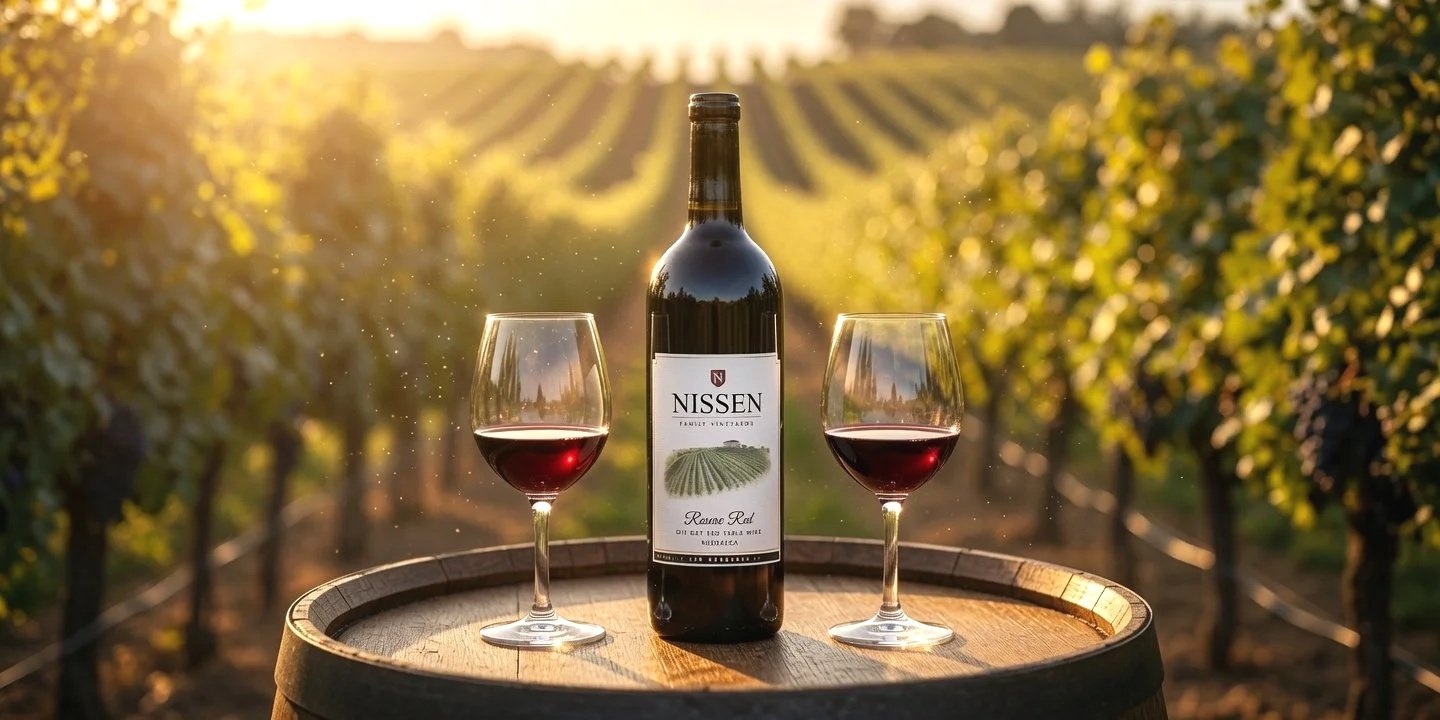 A bottle of red wine and two glasses of red wine on a wooden barrel in a vineyard at sunset.