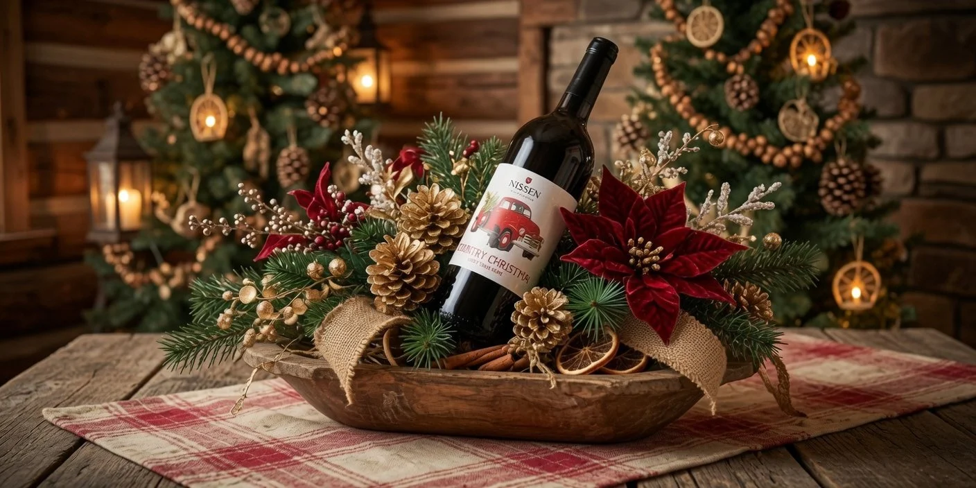 A Christmas centerpiece on a rustic wooden table with a bottle of wine, pinecones, poinsettias, and greenery, with decorated Christmas trees and lanterns in the background.