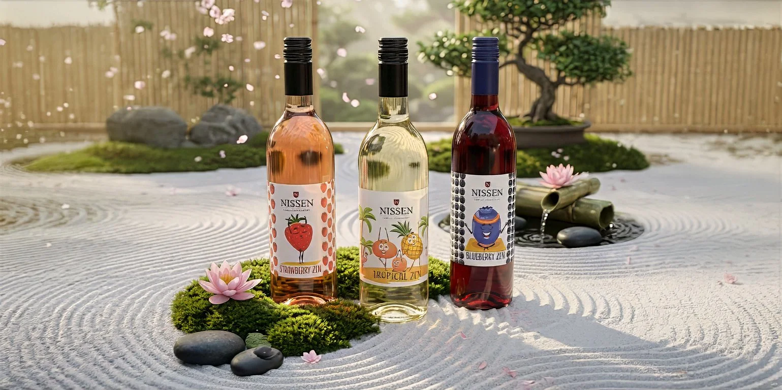 Three bottles of flavored beverage on a Zen garden with stones, moss, pink flowers, and a bamboo fountain, with a bonsai tree and wooden fence in the background.