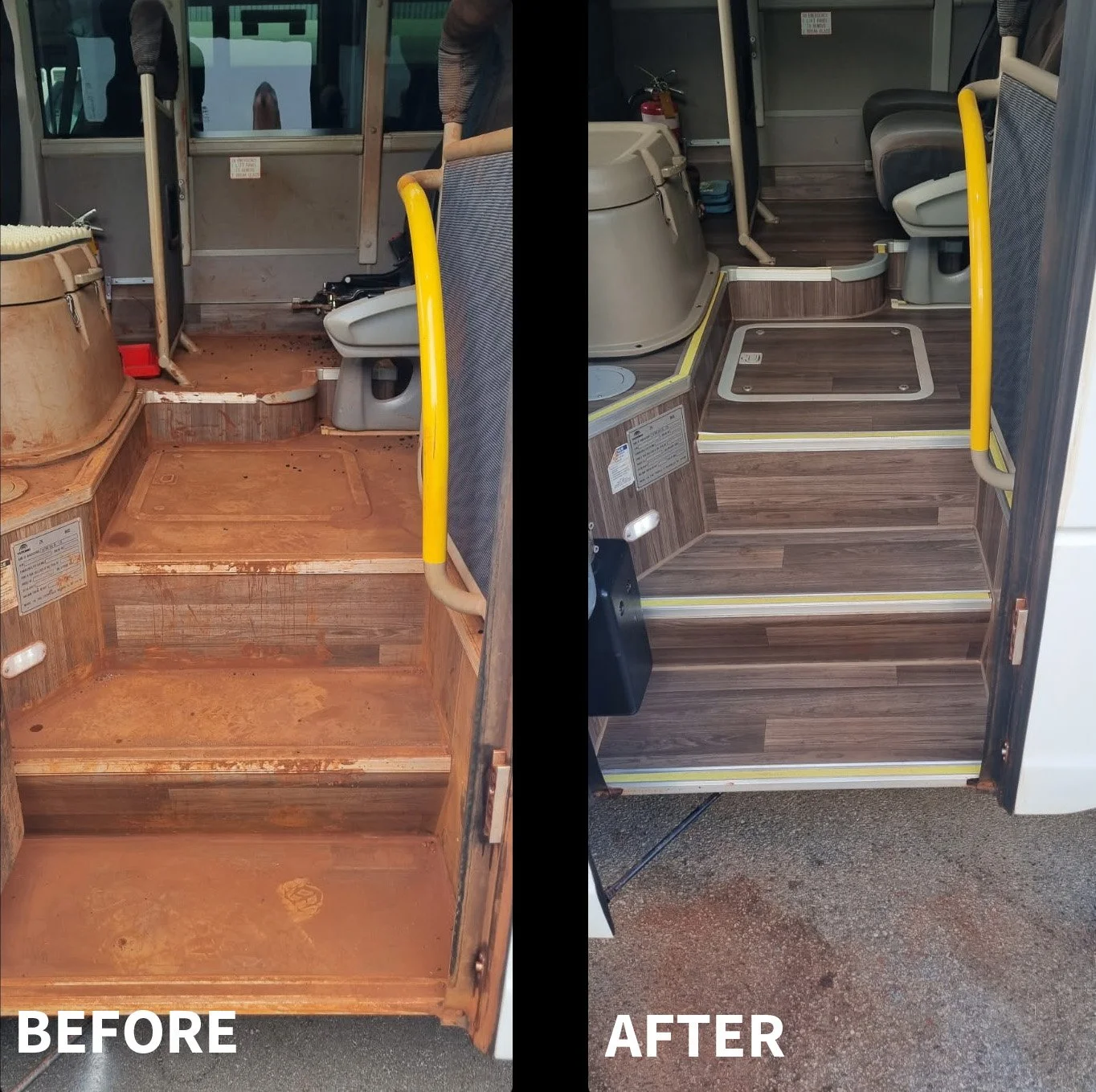 Side-by-side comparison of a bus interior before and after renovation. The "Before" shows a worn, dirty, and outdated wooden floor with scuffed steps and missing fixtures. The "After" shows a clean, modern, and polished flooring with fresh wood designs, updated fixtures, and improved accessibility features.