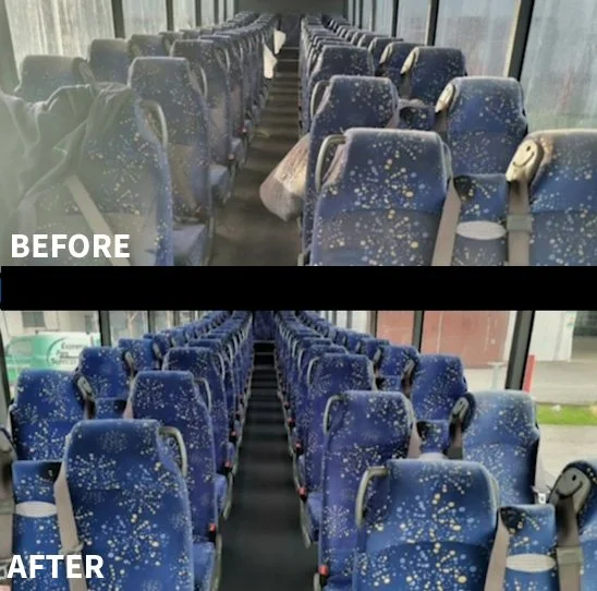 Comparison of bus seats before and after cleaning; the cleaned seats are blue with bright patterns, while the dirty seats are discolored with stains.