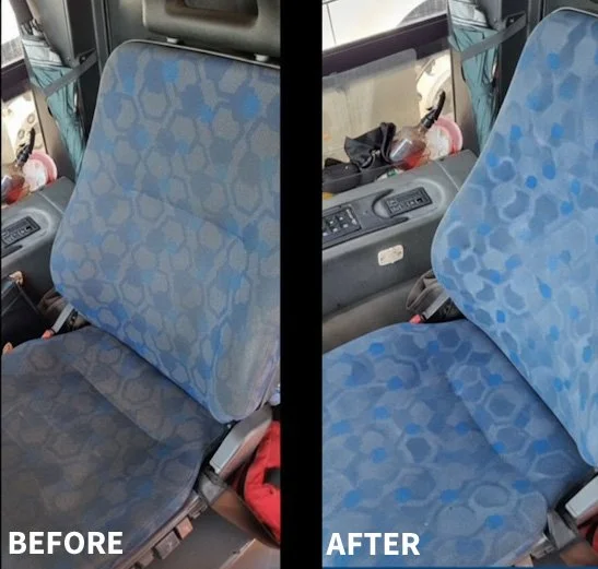 Side-by-side images of a blue patterned truck seat before and after cleaning; the "after" shows a noticeably cleaner seat.