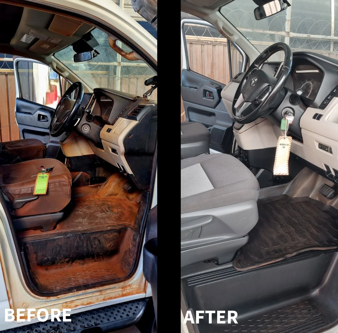 Side-by-side comparison of a vehicle's interior: the left shows a heavily worn, dirty, and stained interior with a wooden floor and brown seats, labeled 'BEFORE'; the right shows a clean, refurbished interior with gray seats and flooring, labeled 'AFTER'.